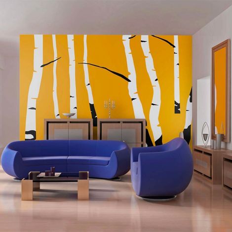 Papier peint bouleaux sur fond orange - 350 x 270 cm (1/4)