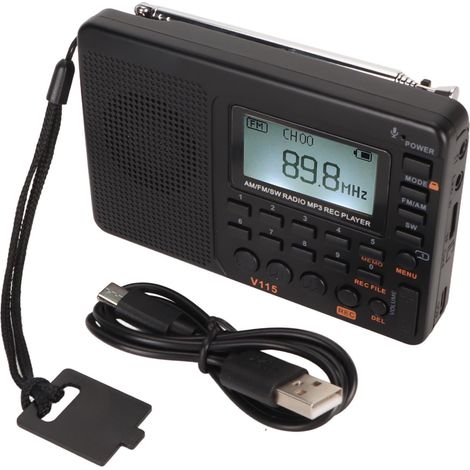 Radio FM/AM avec enregistrement complet, lecteur MP3, écran LCD rétroéclairé, enregistreur vocal et batterie intégrée.