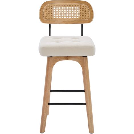 Set de 2 taburetes de bar giratorios 360° de chenilla beige con respaldo de ratán MODENUIT (1/5)
