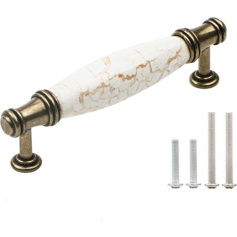 Ensemble de 4 poignées en céramique effet marbre pour portes de placard antiques, meubles de style européen moderne, tiroirs de cuisine, 96 mm (3,78 po) (1/4)