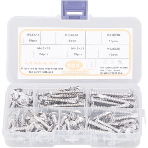 Lot de 101 vis autoperceuses tête ronde rondelle inox M4.8 6 tailles assortiment fixation (1/5)