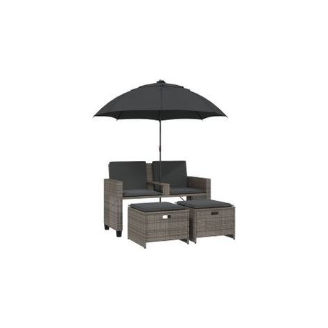 Canapé de jardin 2 places avec parasol et tabourets gris rotin (1/5)