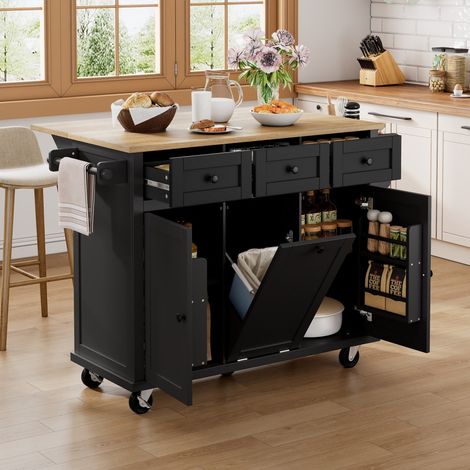 Carrello da cucina - 131 x 46 x 93 cm - Isola rimovibile con piano di lavoro estensibile e vano per i rifiuti - Nero e naturale (1/5)