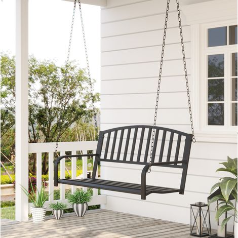 Balancelle de jardin 2 places en métal noir, assise 127 x 60 cm, chaînes de 350 cm, design classique (1/5)
