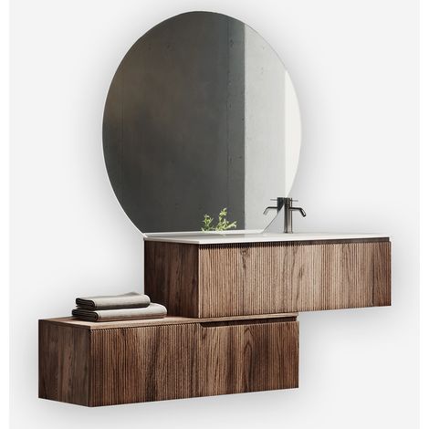 Mobile bagno sospeso con specchio led tondo e lavabo Venere DX - Marrone Scuro