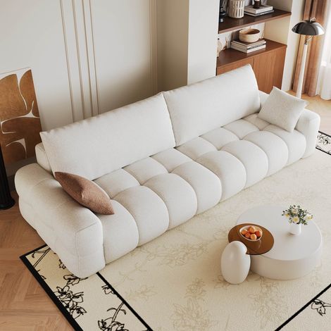 Canapé 4 places modulable 260 cm, assise profonde, effet nuage, sans armature, sans montage, mousse haute résilience, velours Blanc (1/5)