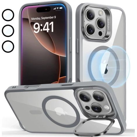 Étui de protection hybride pour Apple iPhone 16 Pro Max Alogy KickStand avec support pour MagSafe Gris + verre trempé (1/5)