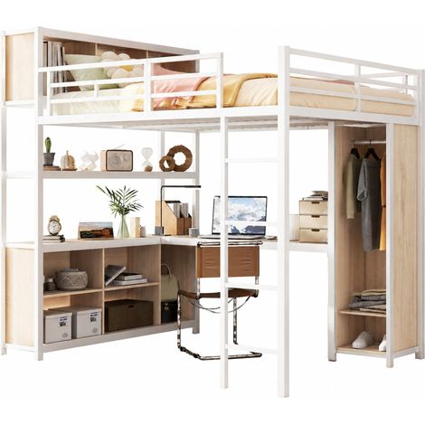 Lit mezzanine 140x200 cm avec bureau, rangement à deux niveaux et placard intégré, structure en métal et panneau, blanc et bois clair pour chambre d'ado  CHICFURN (1/5)