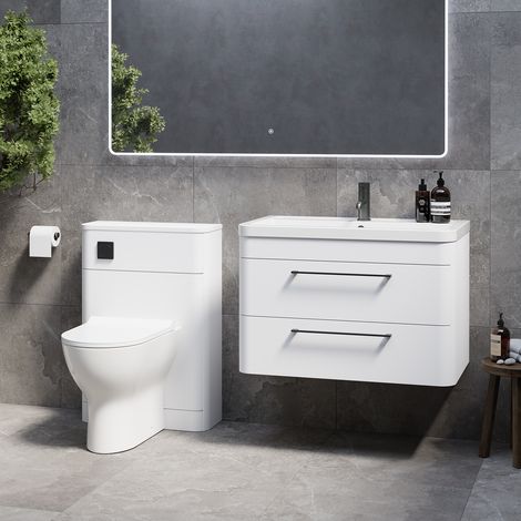 Oslo Gloss White 1350mm Wall Mounted Vanity Unit Toilet Suite with Anya Basin - 1350mm - Gunmetal Grey 320mm HandleWith Jubilee Toilet Pan and Seat