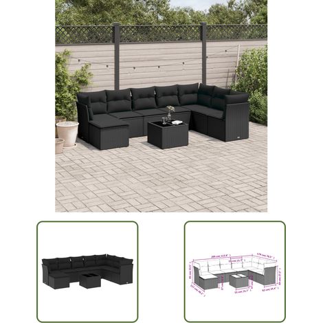 The Living Store 9-tlg. Garten-Sofagarnitur mit Kissen Schwarz Poly Rattan - Gartenmöbel Set - PE-Rattan Möbel - Outdoor Sofa - Esstisch Set - Lounge Garnitur (1/3)