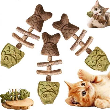 Friandises à mâcher chat herbe à chat vigne argentée jouet dentaire naturel poisson arête de poisson bois durable lot de 3 saveurs assorties (1/5)