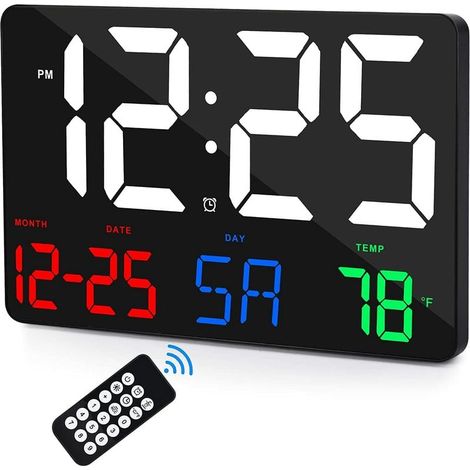 Horloge murale numérique, grand écran LED de 30 cm, réveil numérique, avec télécommande, luminosité réglable, calendrier, température, fonction snooze, format 12/24 h, pour salon, bureau, chambre, per (1/5)