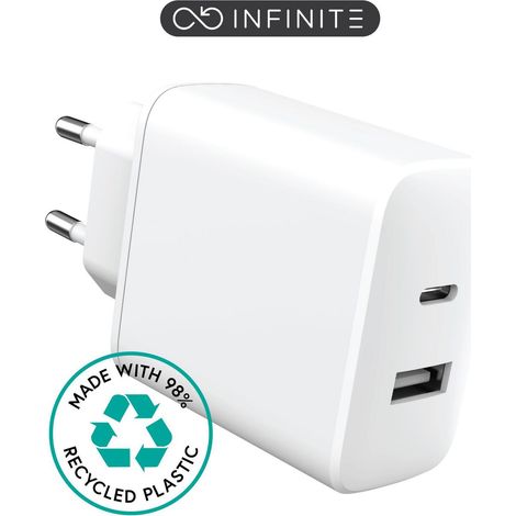 Cargador USB eSTUFF INFINITE UE, 1 USB-C PD de 20 W, 1 USB-A de 12 W, blanco, 98 % plástico reciclado, ES637031-BULK