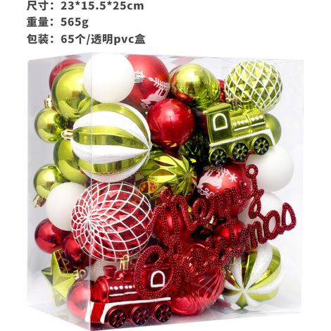 Ensemble de décorations de Noël comprenant 65 boules de Noël peintes en rouge, vert et blanc, des ornements pour sapin et des décorations à suspendre. (1/5)