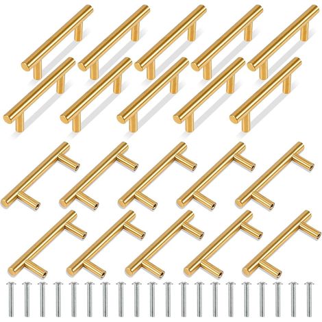 Juego de 20 tiradores de acero inoxidable para armarios de cocina, tiradores para muebles de cocina, distancia entre centros de 64 mm, color dorado. (1/5)