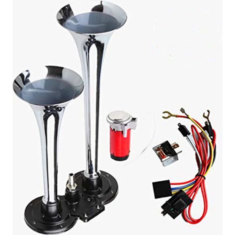 Klaxon de voiture Air Horn klaxon à air haut-parleur 150DB chromé et antirouille à double tube Convient à toute de 12 V voiture camion bateau etc (1/5)
