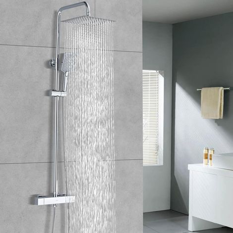Colonne de Douche avec Mitigeur Thermostatique, Ensemble Douche en Acier Inoxydable avec douche pluie (250 x 250mm), Douchette, Support, Flexible, Barre et douche de tête, Chromé (1/5)