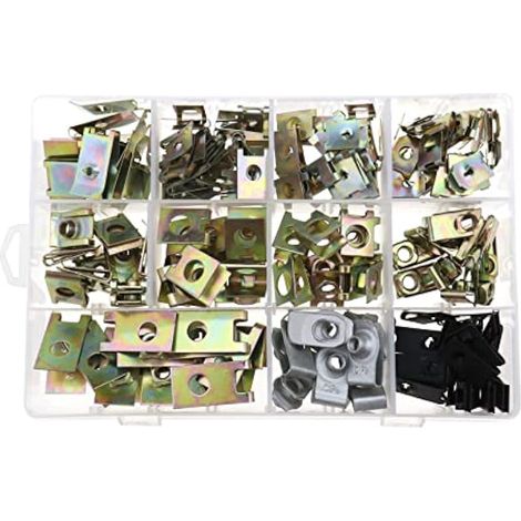 150 pièces de fixations à ressort métalliques auto, écrous en U, clips, rivets et base de fixation pour panneaux, portes, pare-chocs (1/5)