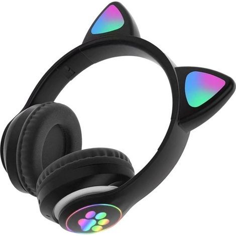Longziming Kabellose Kopfhörer für Kinder – Katzenmotiv mit LED-Ohrhörern – Bluetooth-Kopfhörer – Bluetooth 5.0 – Hellgrün – Integrierte Beleuchtung – Zusammenklappbar – Schwarz (1/5)