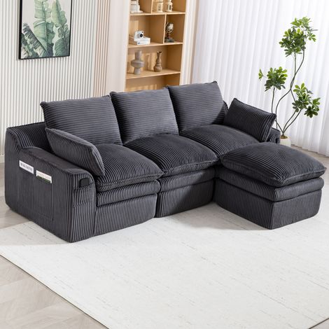 Divano modulare 3 posti con pouf, corduroy, 263 x 167 x 85 cm, grigio scuro HAVRYA (1/5)
