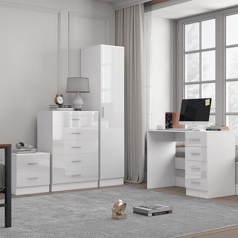 Reflect 1 Door Plain Wardrobe, 5 Drawer Chest, 2 Drawer Bedside & Desk - White Gloss & Matt White - Bedroom Furniture Set
