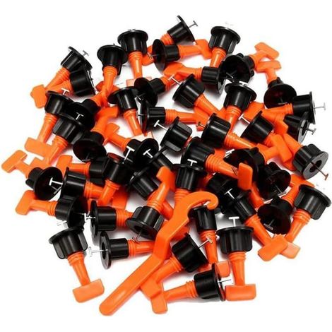 Système de nivellement de carrelage, 100 entretoises de carrelage orange et 2 clés spéciales, kit d'outils réutilisables pour l'installation de carreaux de pierre sur les murs et les sols des bâtiment (1/5)