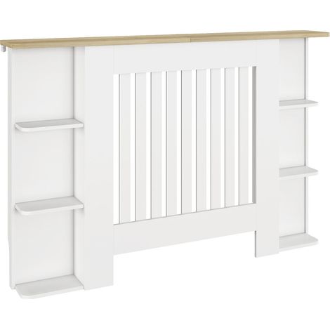 Gain d'Espace et Rangement Cache-Radiateur Blanc 124x19x83 cm Couvercle en Bois à Lattes pour Salon (1/5)