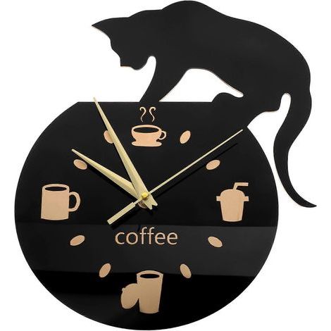 Horloge murale silencieuse à motif chat grimpant pour boire du café - Décoration murale - Horloge tasse à café-Black (1/3)