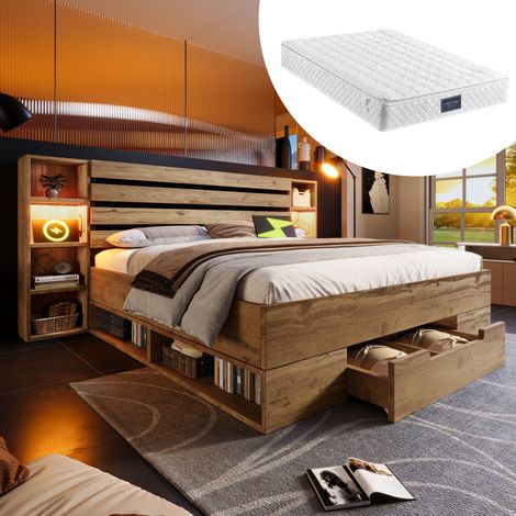 Lit double en bois massif 160×200, lit coffre avec éclairage LED, tête de lit et tiroirs de rangement USB-C, cadre de lit avec sommier à lattes en bois, chêne (matelas inclus) (1/5)