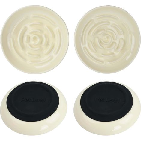 Set of 2 Ceramic Cat Bowls 15 cm with Non-Slip Silicone Mat, Large Capacity Cat Bowl for Water and Dry Food, Anti Glutton Dog Cat Bowl, Easy to Clean, Durable, White (1/5)