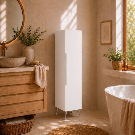 Meuble haut colonne pour salle de bain 130 cm sur pieds coloris blanc prémonté (1/4)