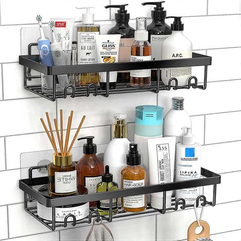MOFOROCO Étagère de douche adhésive noire - Lot de 2 - Rangement et décoration pour salle de bain et douche (1/4)