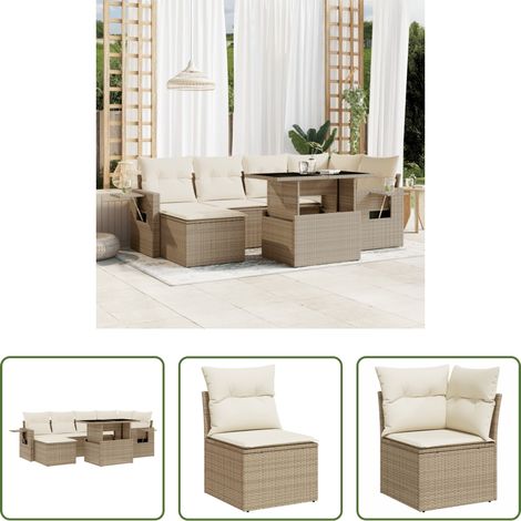 vidaXL Gartensessel - 7-tlg. Garten-Sofagarnitur mit Kissen Beige Poly Rattan (1/5)