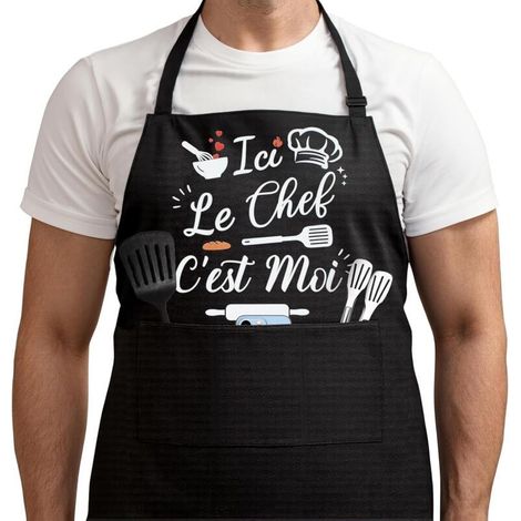 Tablier Cuisine Homme Humour - Noir, Imperméable & Réglable - Avec Poches Pratiques - Cadeau pour Papa Papi à Barbecue, Anniversaire, Noël & Fête des Pères (1/5)