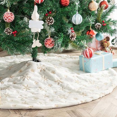 Jupe Sapin Noël 90cm et Élégant Peluche - Motif Flocons Dorés, Cache Pied Blanc Doux pour Décoration de Noël (1/5)
