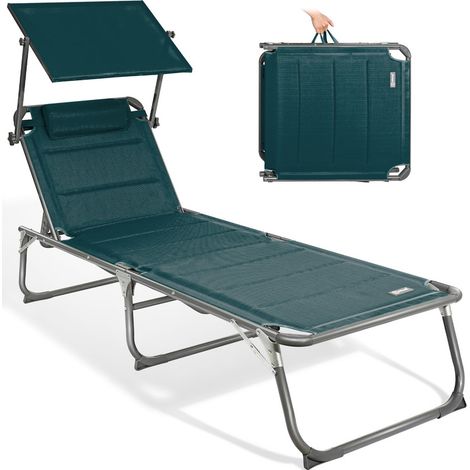 HOMECALL Gartenliege Sonnenliege AluLiege Liegestuhl Liege Klappbar, Textilene Mit Dickem Schwamm, Mit Verstellbare Rückenlehne, Sonnenblende, Kopfpolster, bis 180KG-Ozeanblau