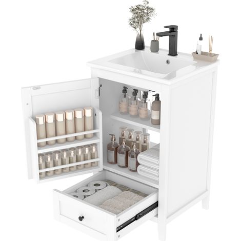 CHICFURN Mobile sottolavabo 51x46x85 cm bianco in MDF e ceramica, lavabo integrato da pavimento (1/5)