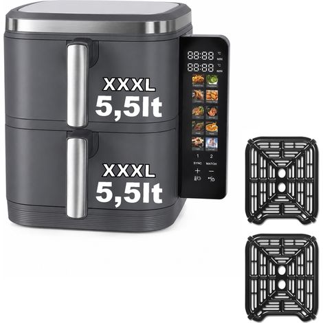 Friggitrice ad Aria 11 Litri Doppio Cestello 2800W, 5,5+5,5L con Separatori, 4 Piani di Cottura, Display LED Touch Richiudibile, 12 Programmi, Doppia Cottura Indipendente, Timer, 60-200°C (1/5)