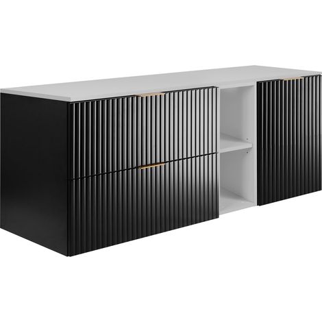 Set da bagno: mobile con cassetti, mobile con ante e ripiano 57×46×140 cm, colore: nero / bianco, maniglia oro (1/5)