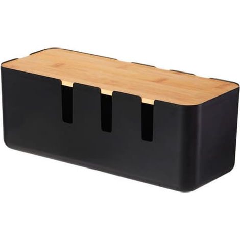 BelleRise - Boîte de rangement câbles avec couvercle en bambou, petite, pour rallonge, multiprise, parasurtenseur, noir (1/5)