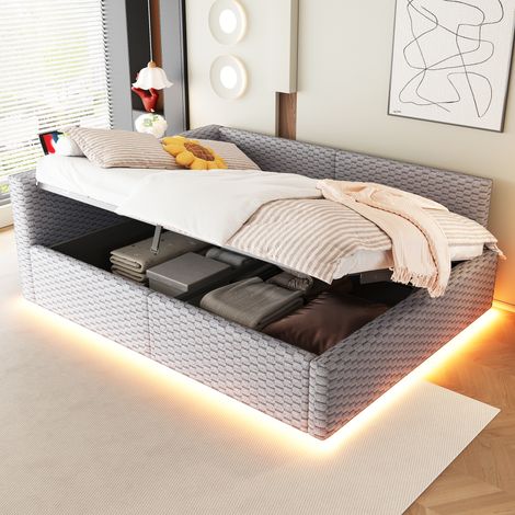 Polsterbett140 x 200 cm, mit LED-Beleuchtung, Tape-C und zwei USB-Anschlüssen, L-förmiger weicher Rückenlehne, Samtstoff, Hydraulischem Bettgestell, Grau(Matratze nicht im Lieferumfang enthalten)