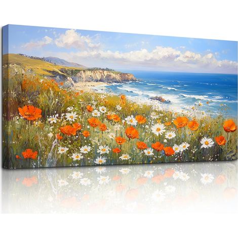 Tableau Decoration Murale Salon, 50x100 cm Grand Impression sur Toile, Cadre Decoration Murale Mer Bleue et Fleurs, Moderne Décoration de Chambre Salle De Bain Maison Décorations (1/5)