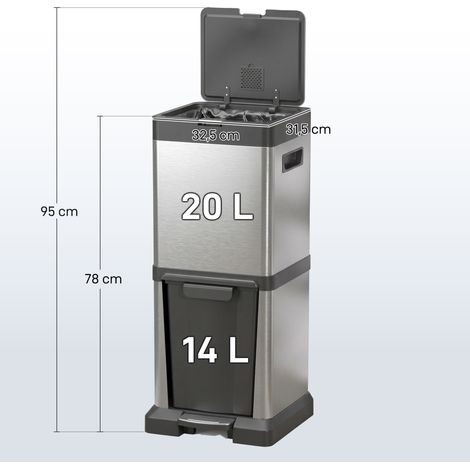 Poubelle à pédale 20+14 L avec couvercle, compartiment basculant, seaux intérieurs amovibles, acier inoxydable, 32,5 x 31,5 x 78 cm, argent (1/5)