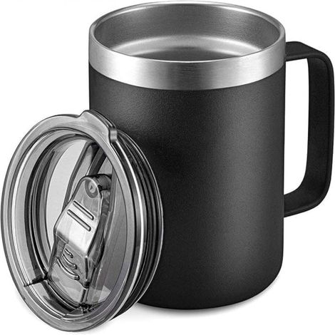 Gobelet Isotherme - Acier Inoxydable 304 Double Paroi - 414 ml - Pour Café Boissons Chaudes Froides - Avec Couvercle Étanche Et Poignée - Noir (1/5)
