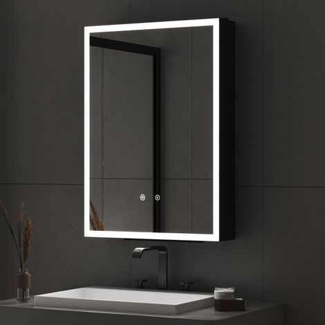 40x60 cm Spiegelschrank Bad mit Beleuchtung LED Spiegelschrank mit Beleuchtung Badspiegel Schwarz mit Beleuchtung Medizin Kabinett Hängeschränke mit 3 Einstellbare Lichtfarben, Beschlagfrei, Schwarz