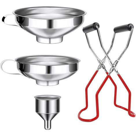 4 ustensiles de cuisine : entonnoirs en acier inoxydable avec pinces à casseroles, entonnoir à confiture, entonnoir à large ouverture (pour épices, liquides, poudres, haricots). (1/5)