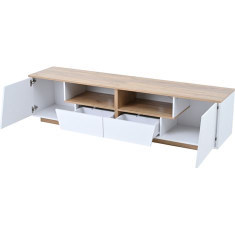 Mobile TV LED lucido 180 cm bianco e legno con 2 cassetti e 2 ante (1/5)