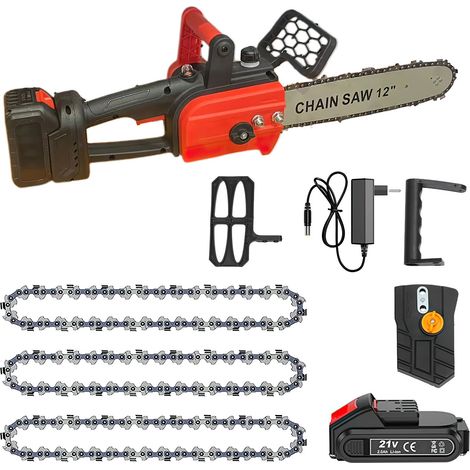 Tronçonneuse à batterie 12 pouces 21V – Moteur sans balais – Chaîne tranchante – Batterie 3,0Ah pour 50 min d'autonomie (1/5)