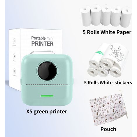Mini Printer - Portable Mini Pocket Label, Image, Error Correction Thermal Bluetooth Printer - X5 Green + 5 Thermal Papers + 5 Adhesive Labels + Storage Bag (1/4)