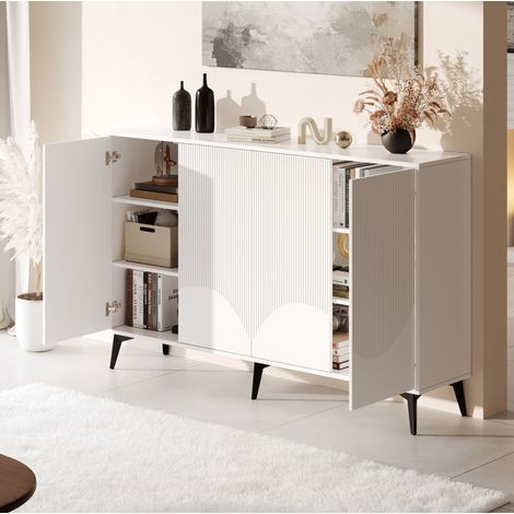Aparador blanco 160 cm con 4 puertas, estantes regulables y patas metálicas OKMYHOME (1/5)